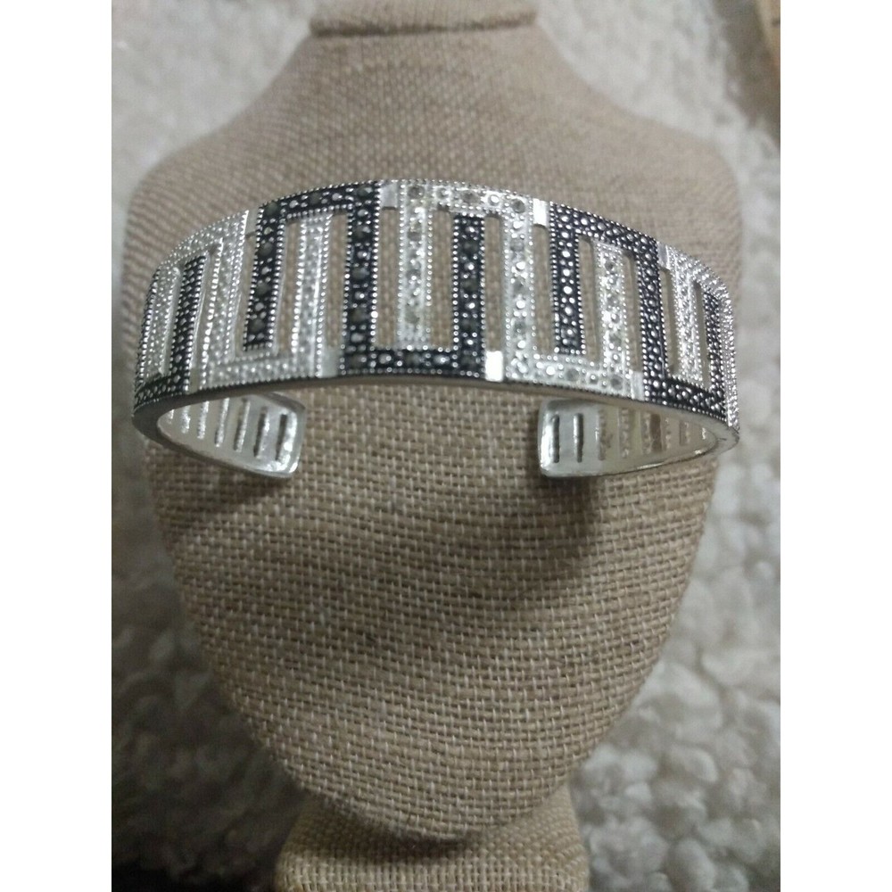 Large Blackened Greek Key marcasite open Cuff Bangle Silvertone Bracelet marsala